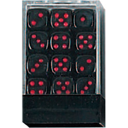 KP05110-OPAQUE DICE D6 12MM 36PC BLACK/RED IN CLEAR BOX